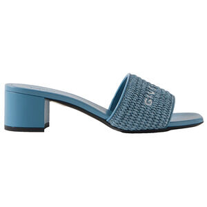 Givenchy 4G Denim Blue Raffia Logo Leather Slide On Mule Block Heel Sandal 37